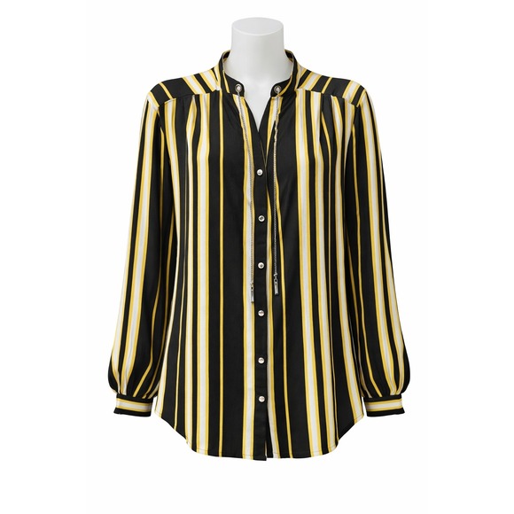 NY Collection Tops - NY Collection Womens Striped Long Sleeve Blouse Black Yellow Chain Accent size L